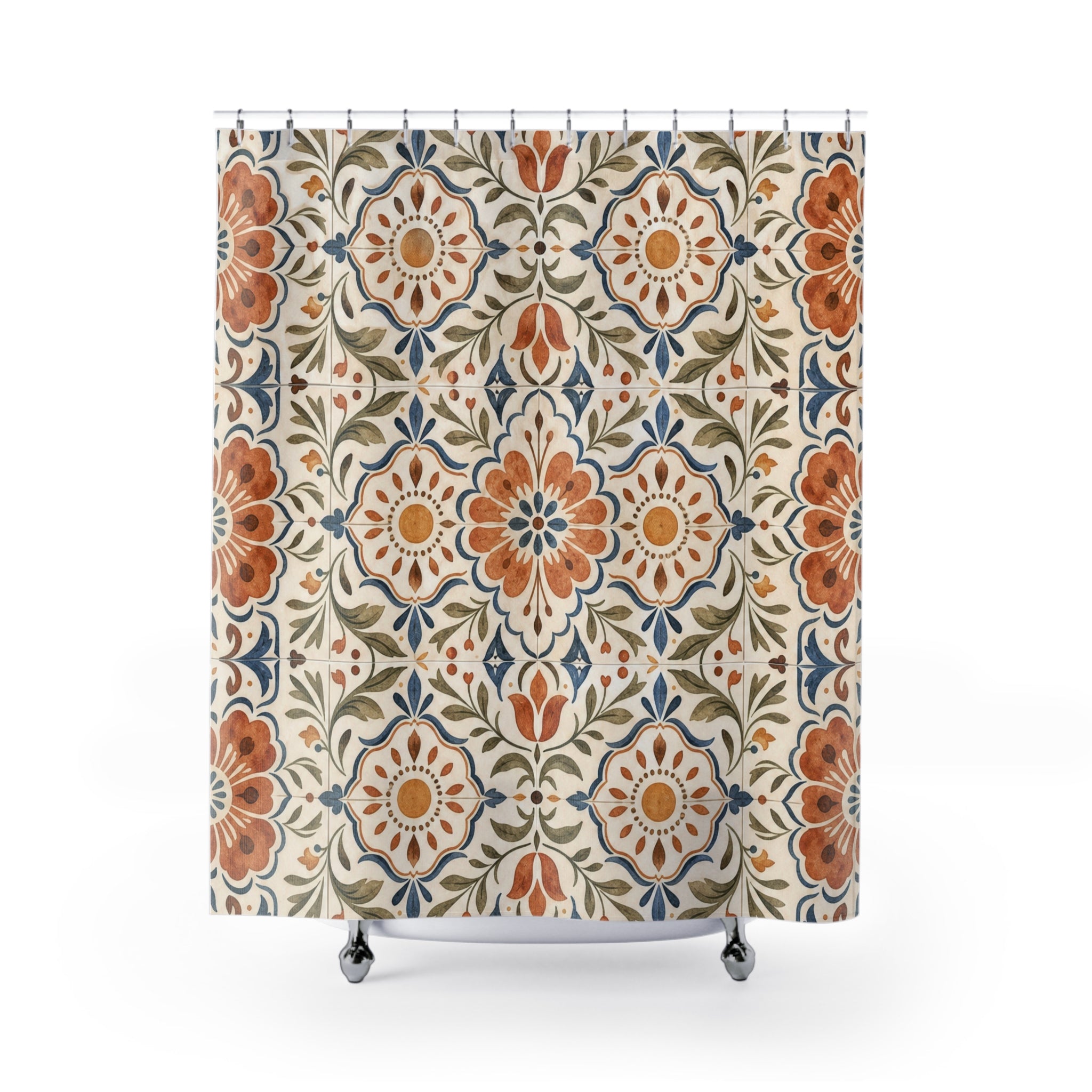 Terracotta Blue Boho Tile Shower Curtain