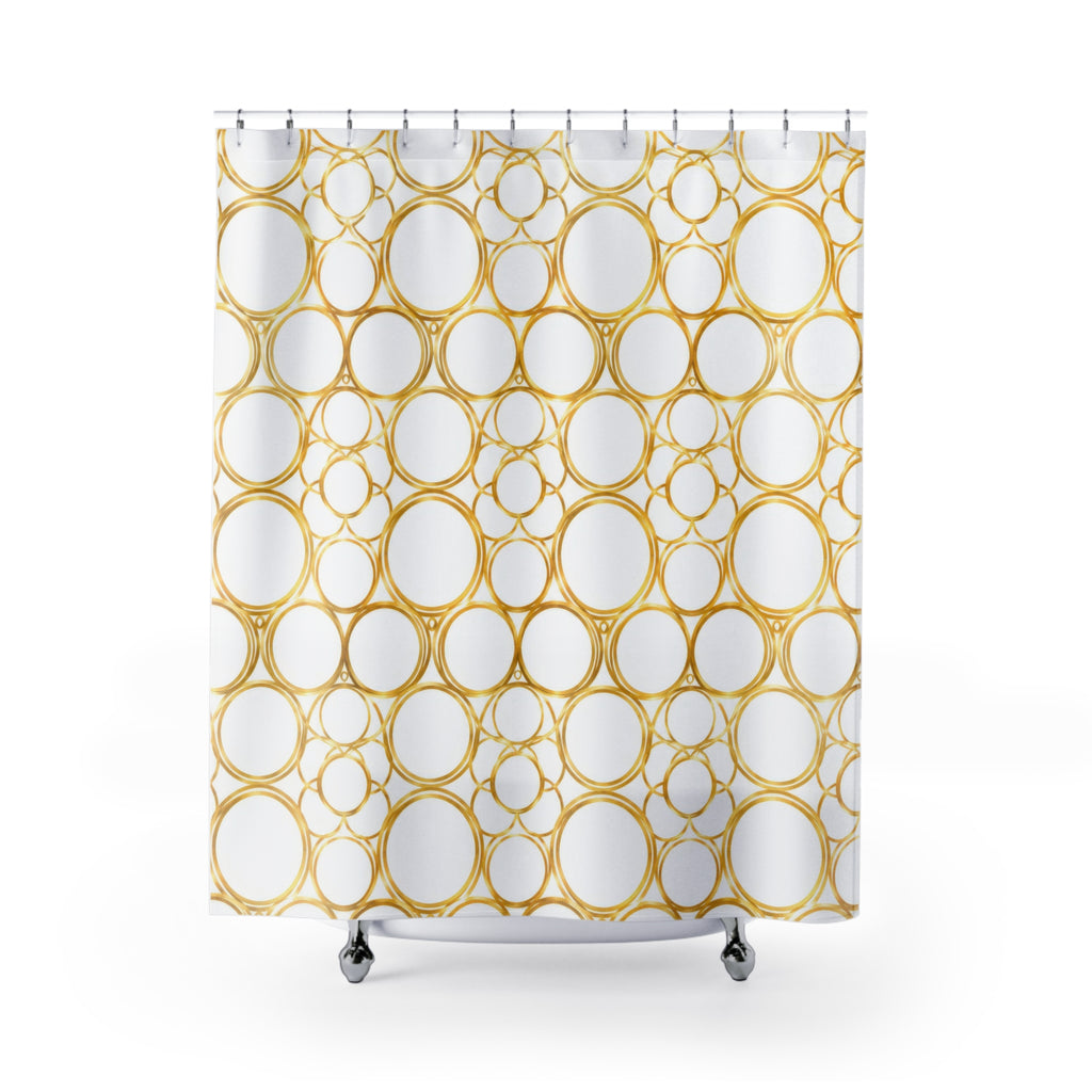 Gold halo circle pattern on warm white shower curtain with full front view