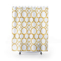 Gold halo circle pattern on warm white shower curtain with full front view