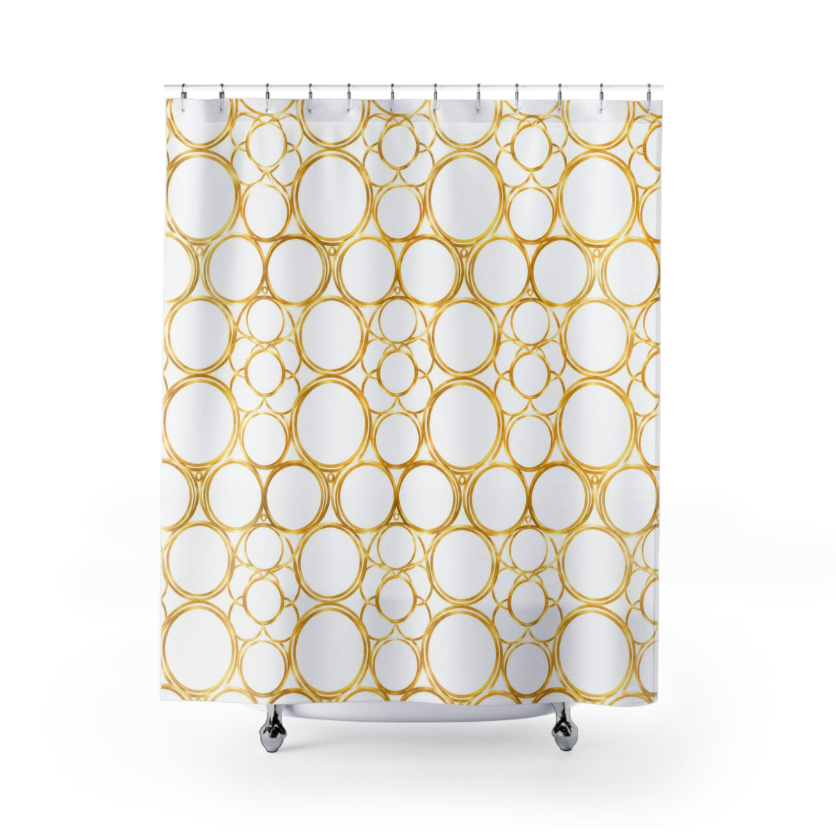 Gold halo circle pattern on warm white shower curtain with full front view