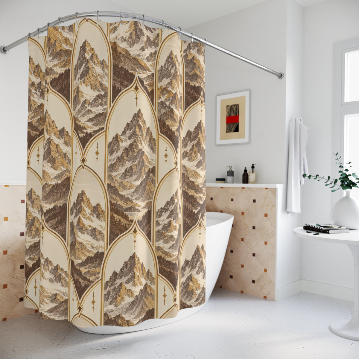 Ochre and brown mountains framed by pointed cream arches shower curtain beside a freestanding tub