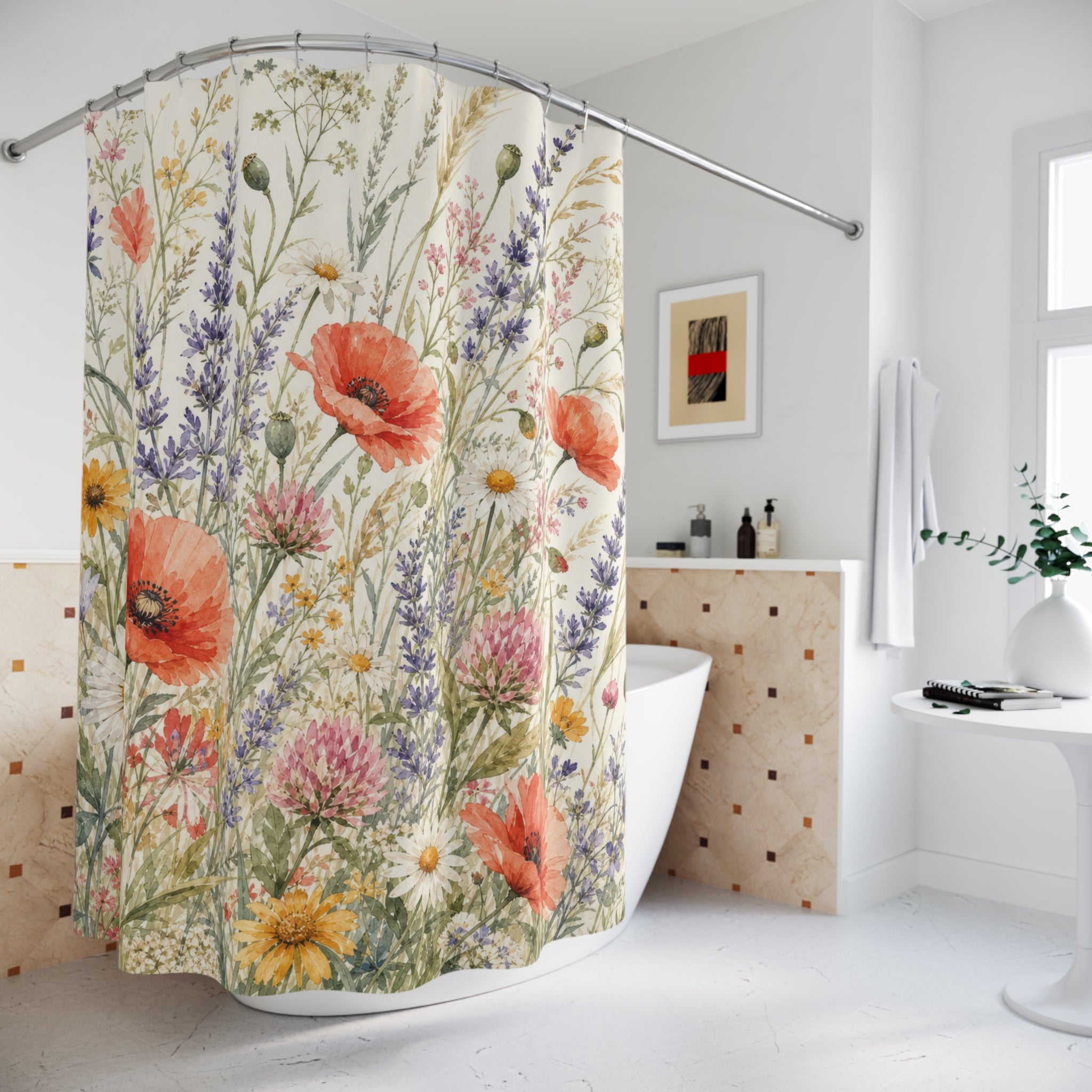 Orange Lavender Wildflower Watercolor Shower Curtain