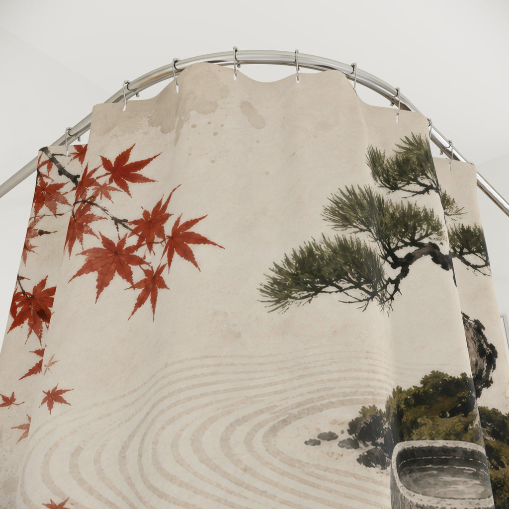 Zen Garden Shower Curtain, Sumi Ink Raked Sand and Stones