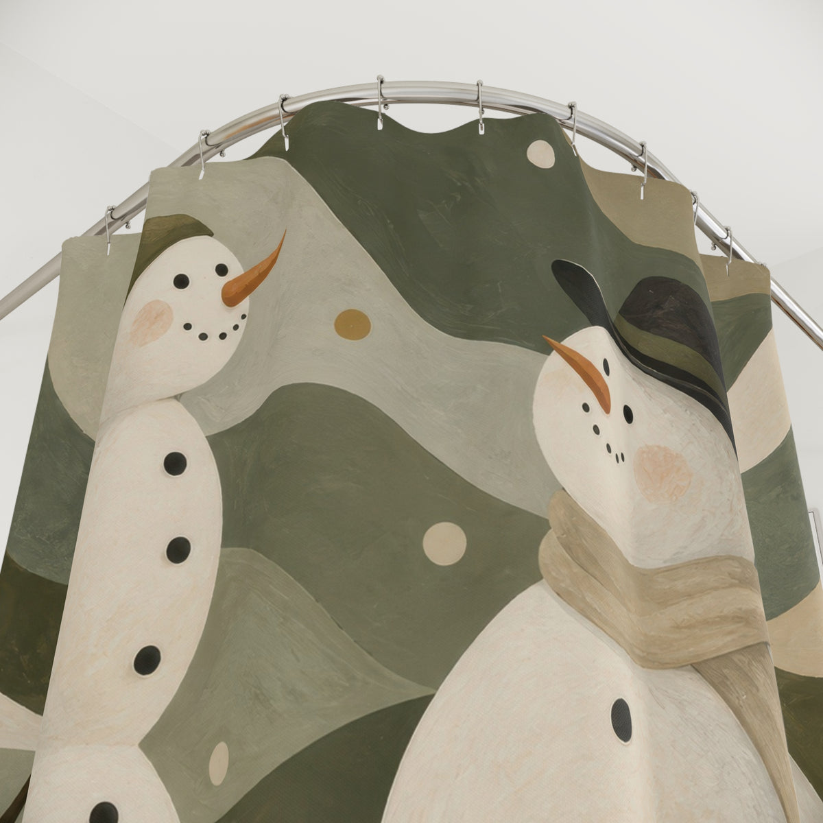 Ivory snowmen among sage, olive and beige snowdrifts shower curtain with close-up print, hooks, and folds