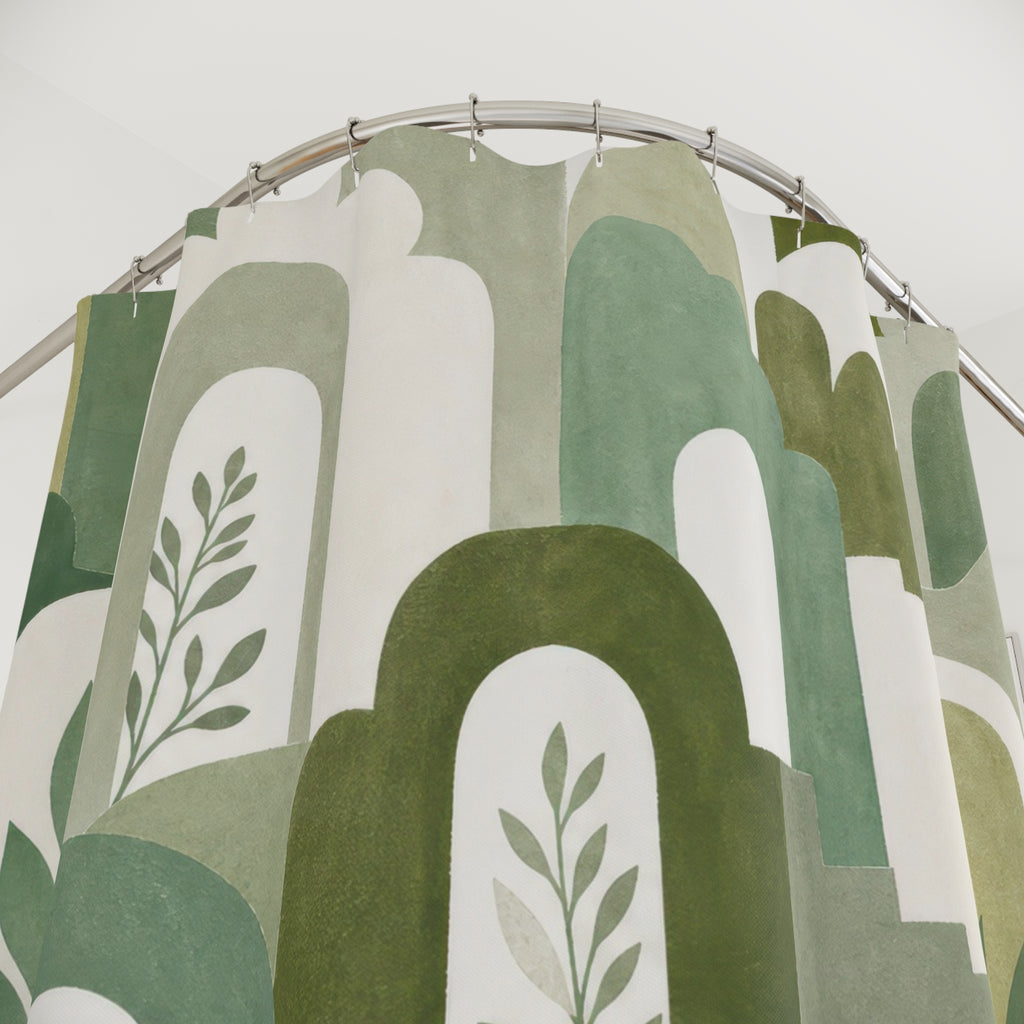 Green Botanical Shower Curtain, White Sage Boho Bath Decor, Arch Leaf Pattern, Fresh Modern Guest Bathroom Decor, Garden Style Decor