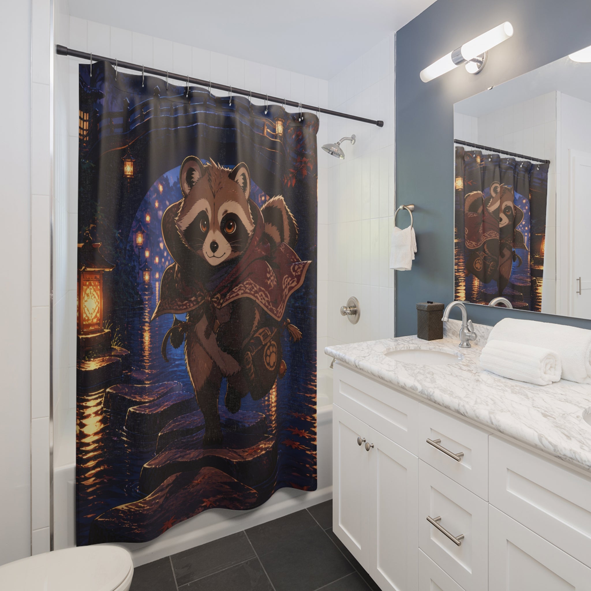 Tanuki lantern courier crossing an indigo canal at dusk shower curtain beside a white vanity