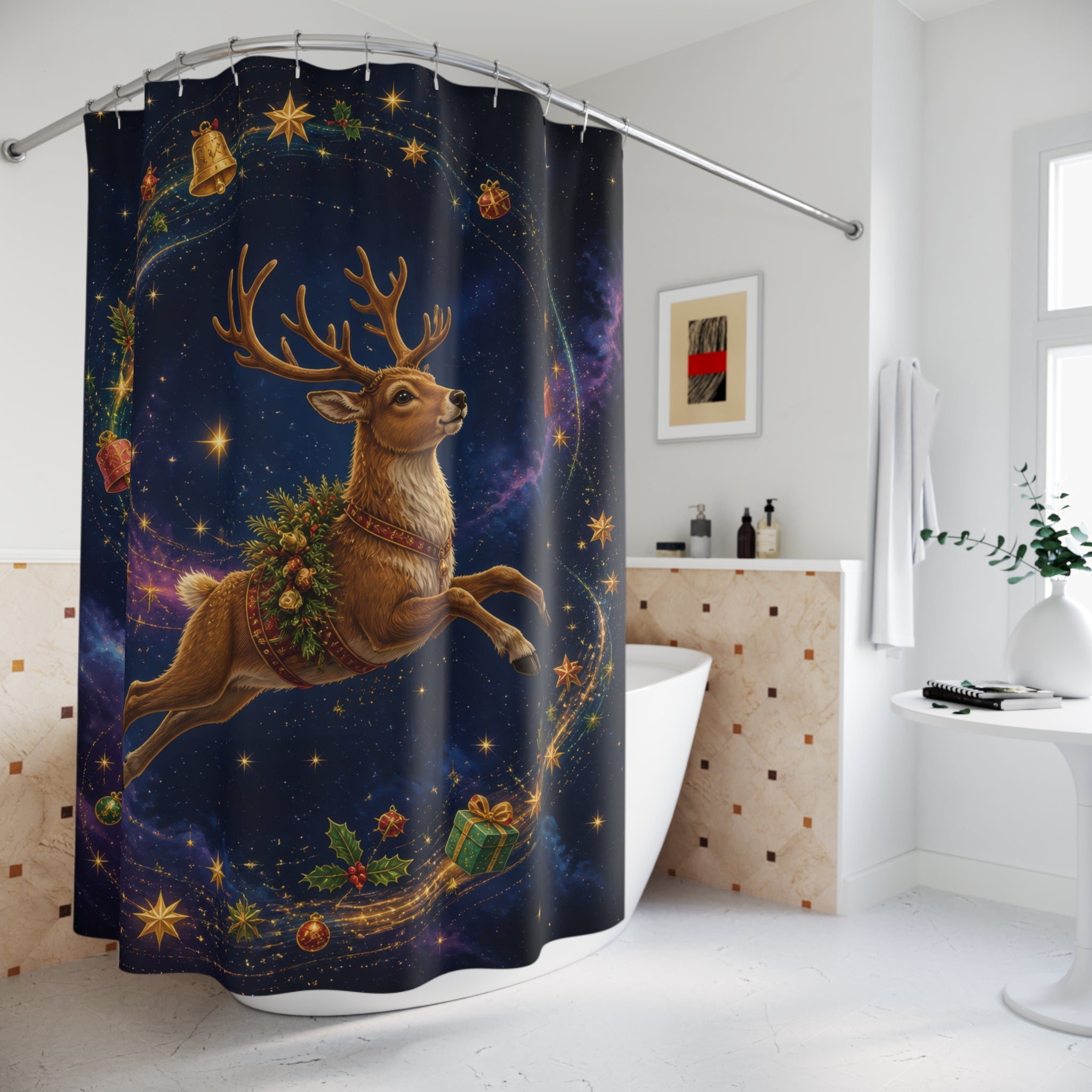 Flying reindeer within a celestial Christmas wreath shower curtain beside a freestanding tub