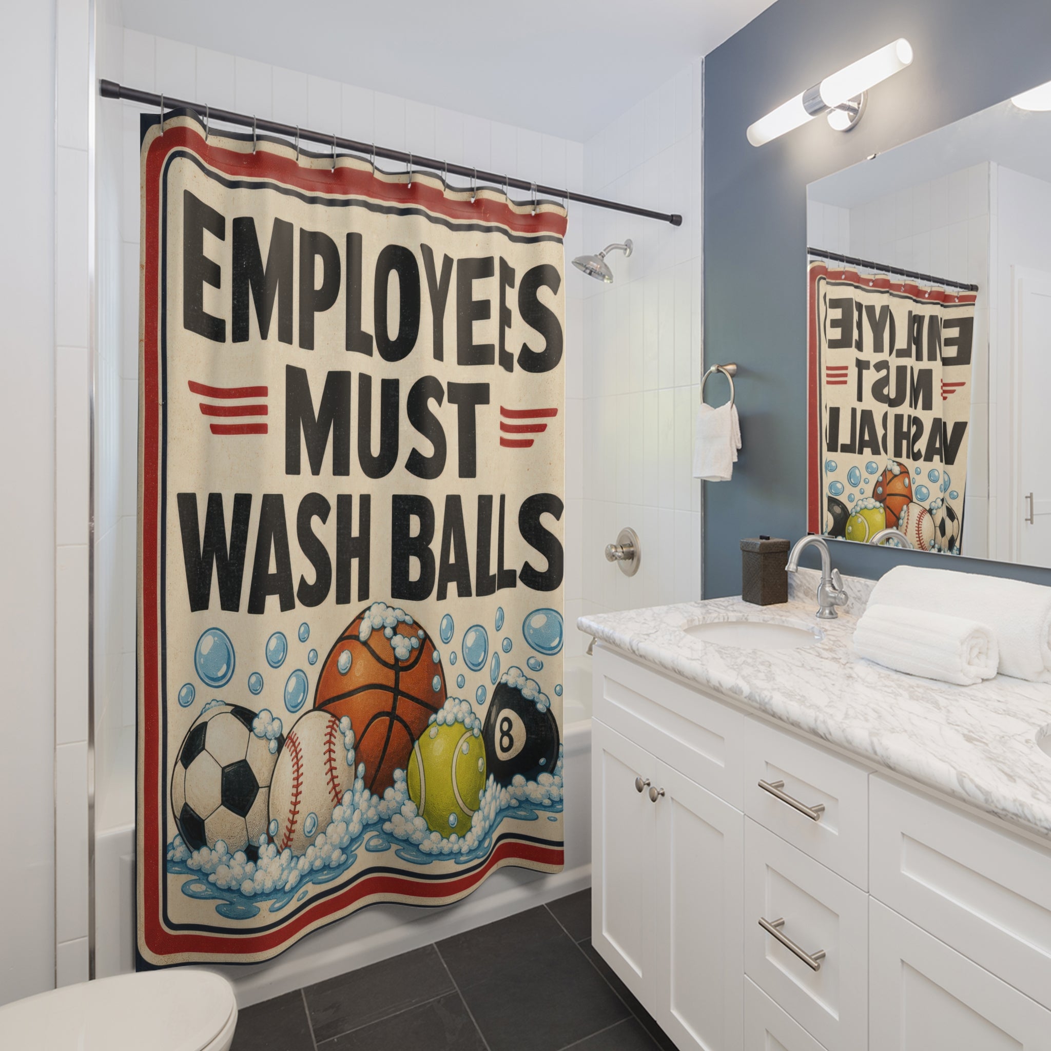 Unique Funny Shower Curtain, Employees Must Wash Balls Sign, Sports Bathroom Humor, Locker Room Powder Room Guest Bath Decor Gift For Home