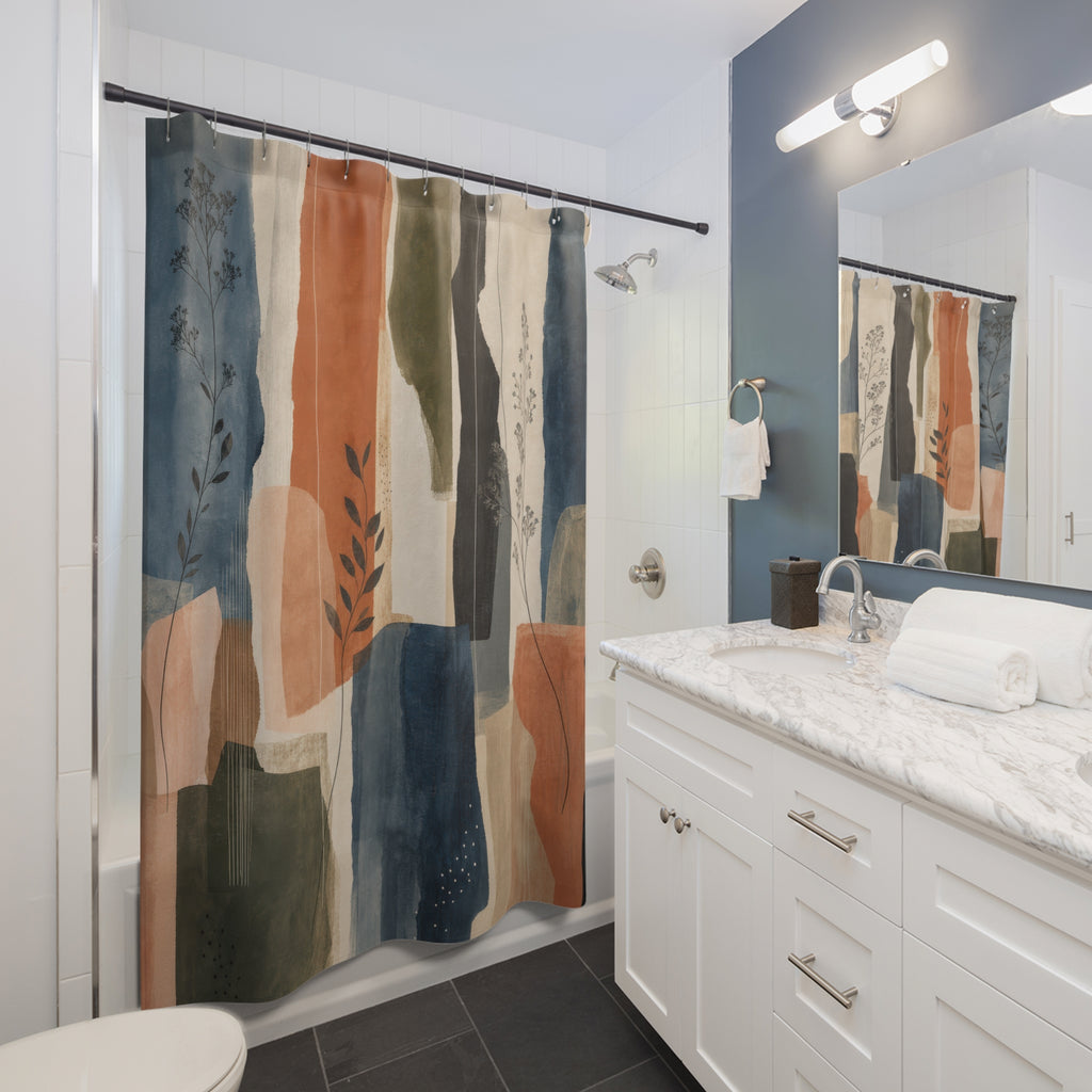 Abstract Brush Shower Curtain, Blue Rust Modern Bathroom Decor, Painterly Block Bath Curtain, Guest Bathroom Decor, Apartment Bath Decor