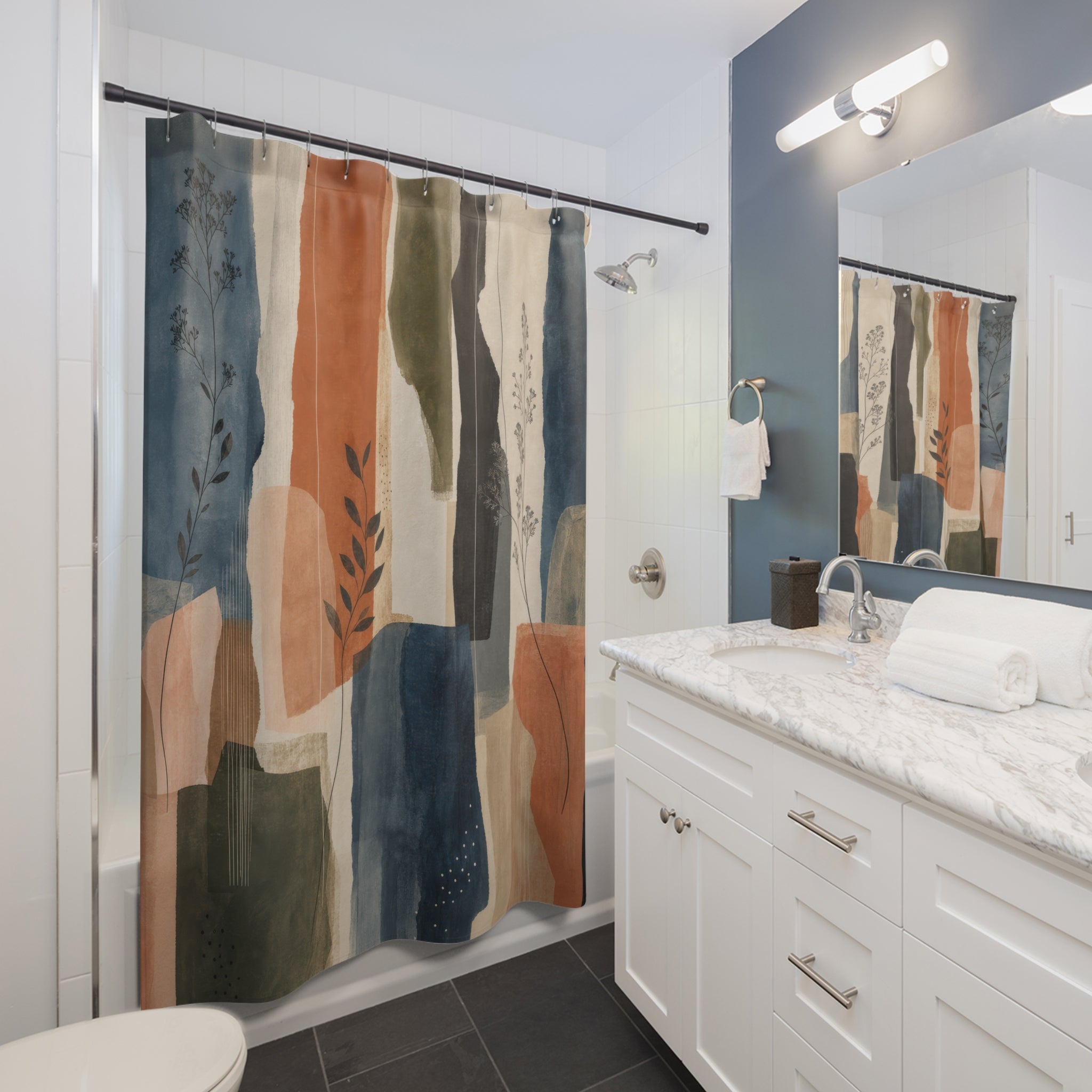 Abstract Brush Shower Curtain, Blue Rust Modern Bathroom Decor, Painterly Block Bath Curtain, Guest Bathroom Decor, Apartment Bath Decor