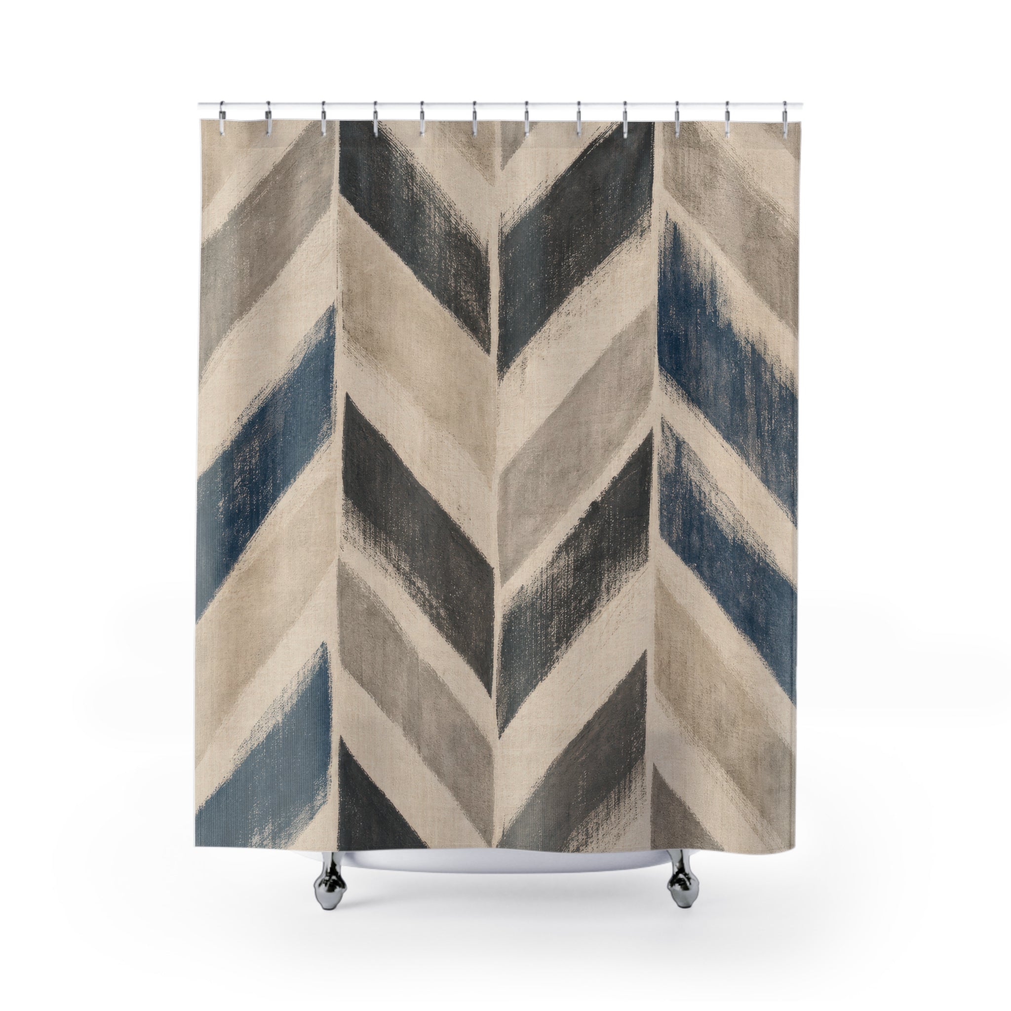 Herringbone Shower Curtain, Beige Charcoal Blue Chevron Pattern, Modern Farmhouse Bathroom Decor, Neutral Guest Bath Style