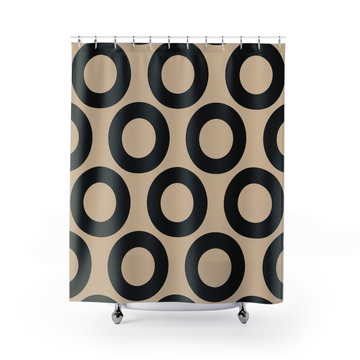Beige and black open circles shower curtain with full front view