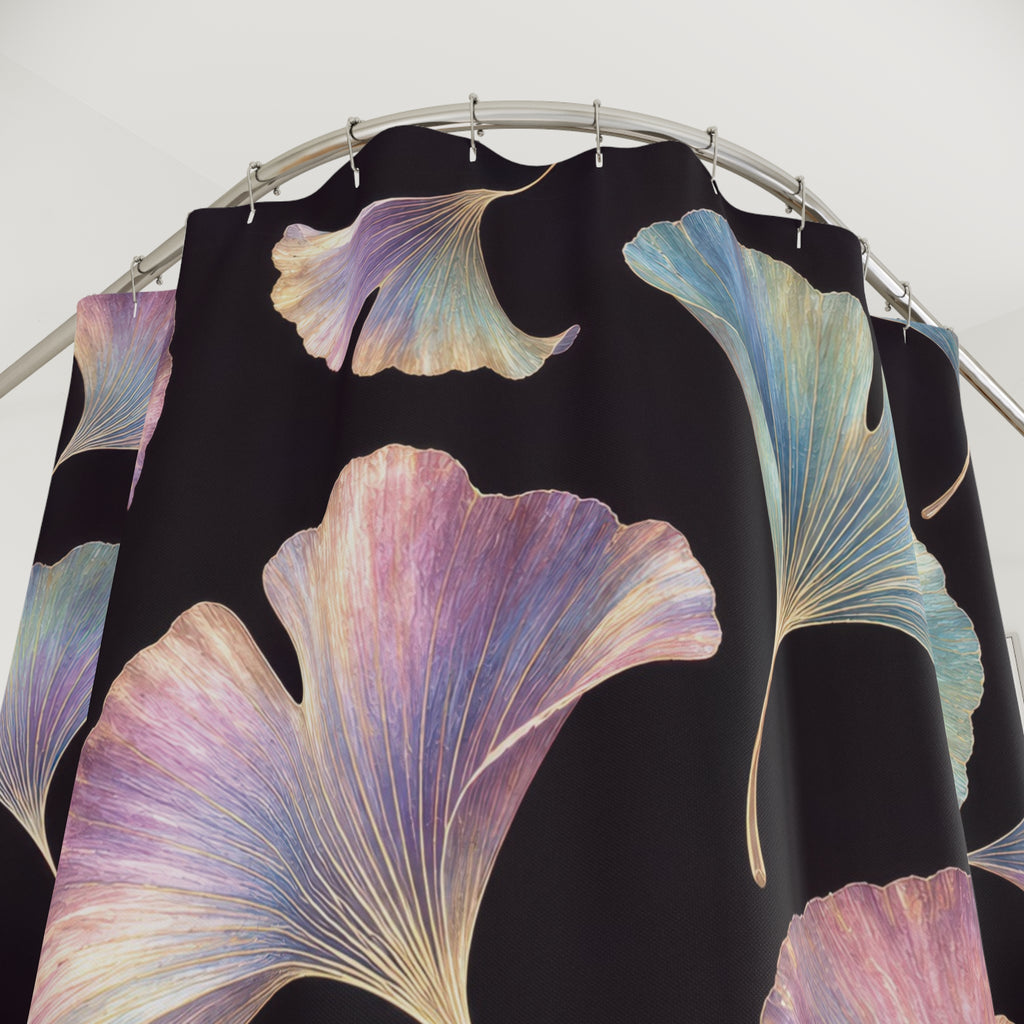 Pastel iridescent ginkgo leaves on a plum-black ground shower curtain with close-up print, hooks, and folds