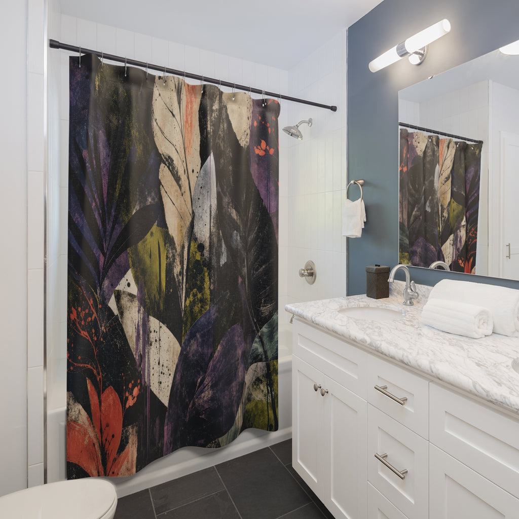 Botanical Shower Curtain, Dark Floral Art, Black Purple Green Leaves, Moody Modern Bath Decor, Nature Inspired Guest Bathroom, Bold Decor