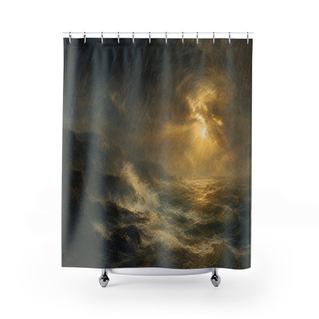 Golden Coastal Storm Print Shower Curtain