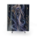 Flowing Virgo maiden in navy and violet stars shower curtain with full front view