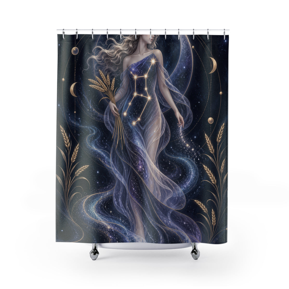Flowing Virgo maiden in navy and violet stars shower curtain with full front view