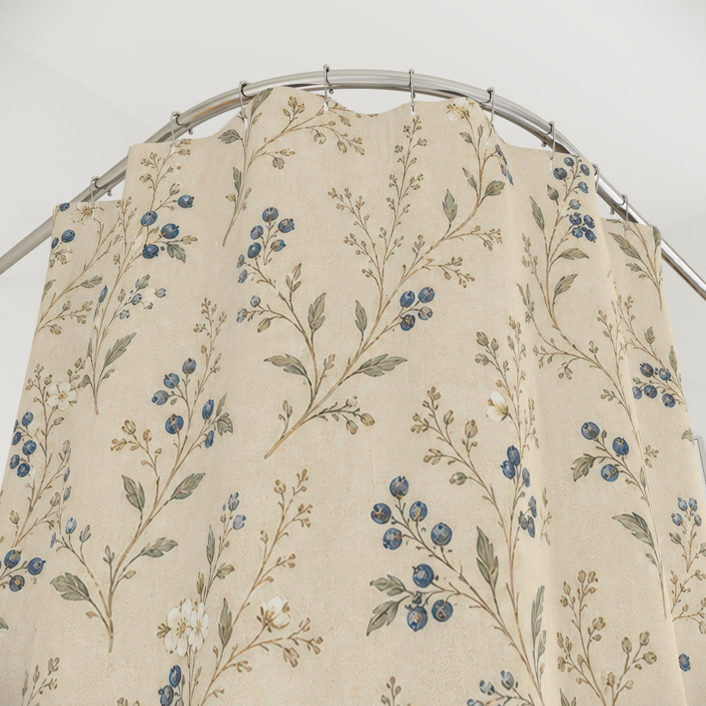 Cream Blue Meadow Vintage Floral Shower Curtain