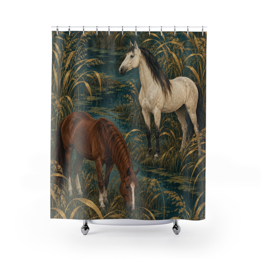 Cream and chestnut horses among golden reeds and teal water shower curtain with full front view