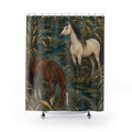 Cream and chestnut horses among golden reeds and teal water shower curtain with full front view