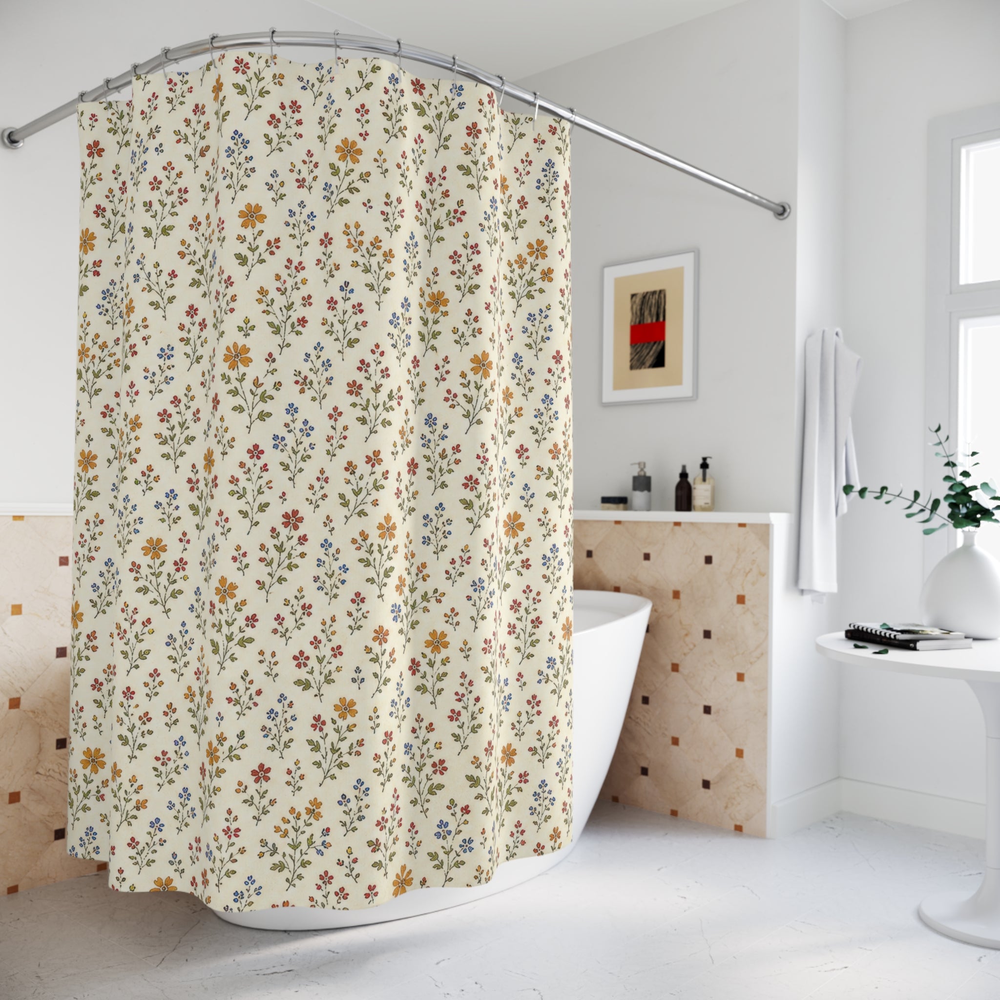 Autumn Ditsy Floral Shower Curtain, Rust Mustard Fall Bathroom Decor, Tiny Flower Bath Curtain, Guest Bathroom Decor, Small Bathroom Decor