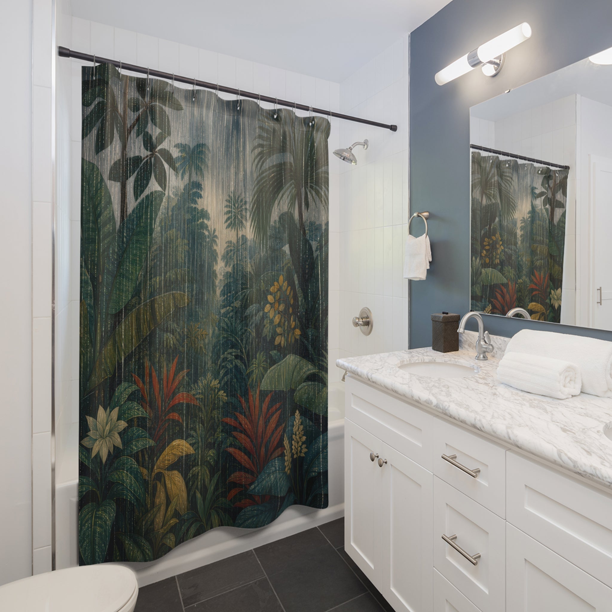Jungle Rain Botanical Print Shower Curtain