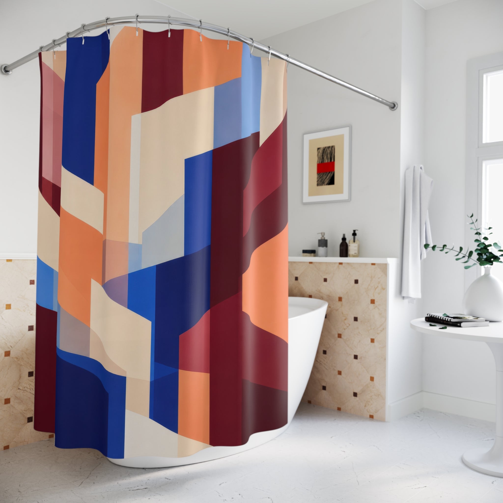 Cobalt & Burgundy Geometric Abstract Shower Curtain