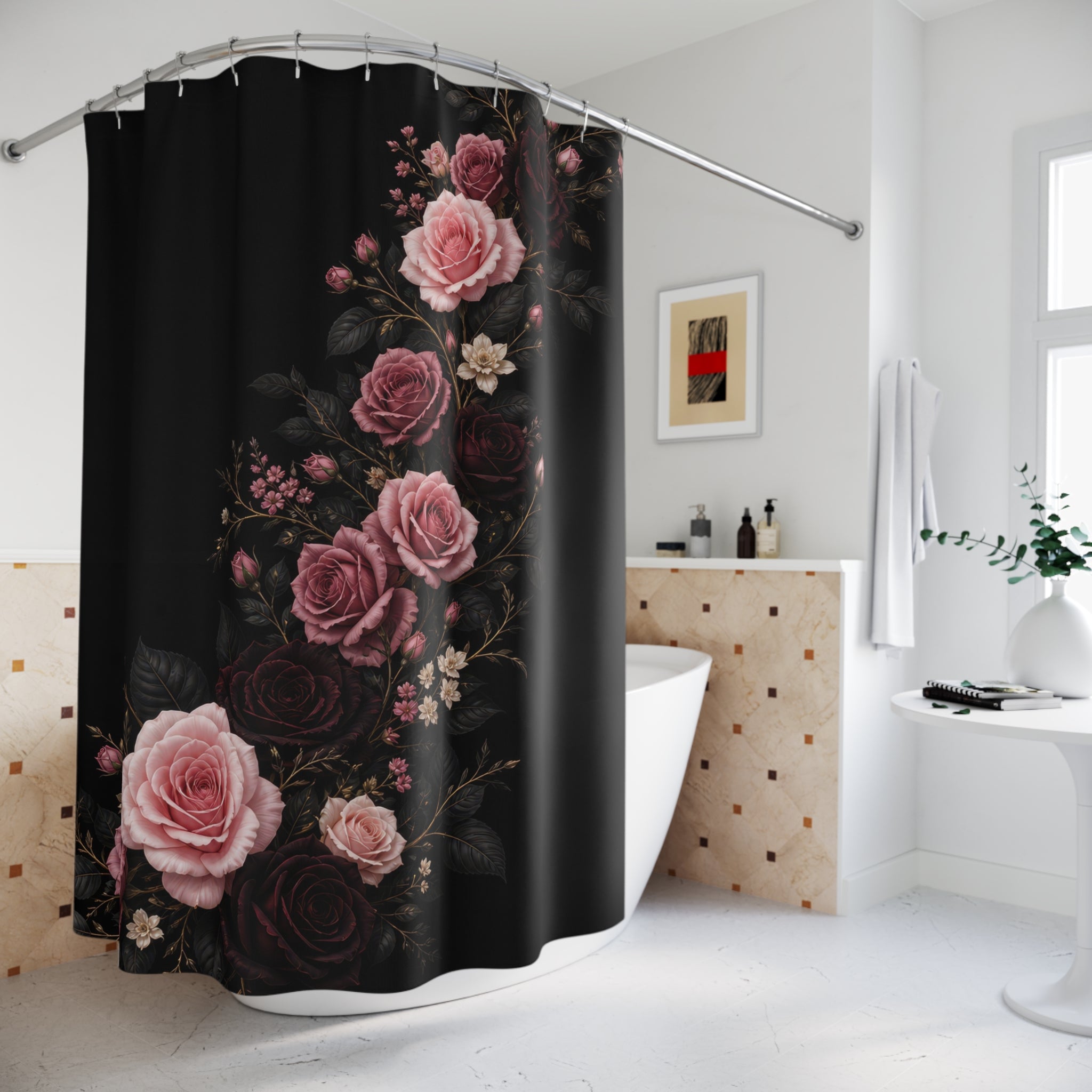 Pink and burgundy roses rising in a serpentine curve on black shower curtain styled beside a freestanding tub