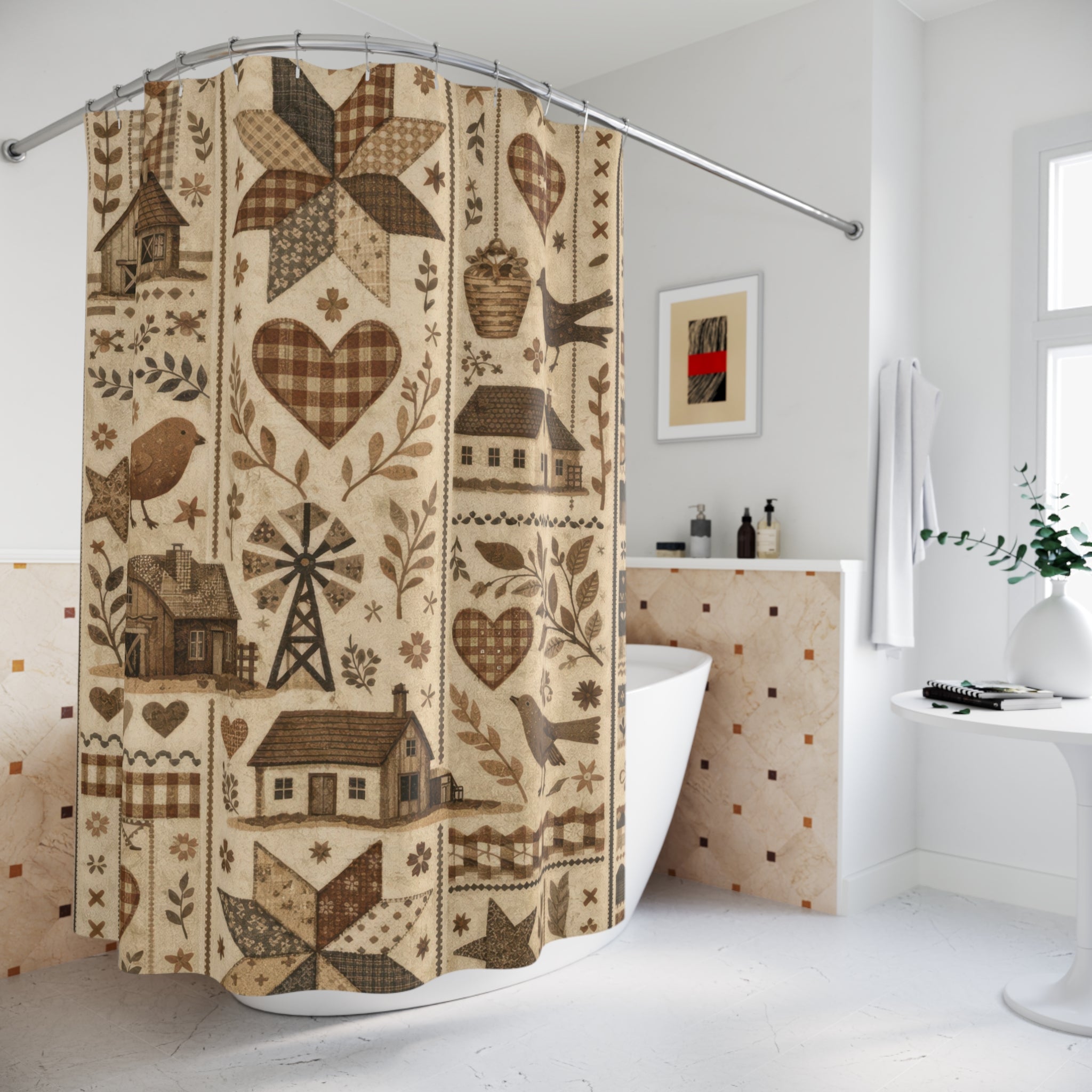 Farmhouse Patchwork Shower Curtain – Brown and Beige