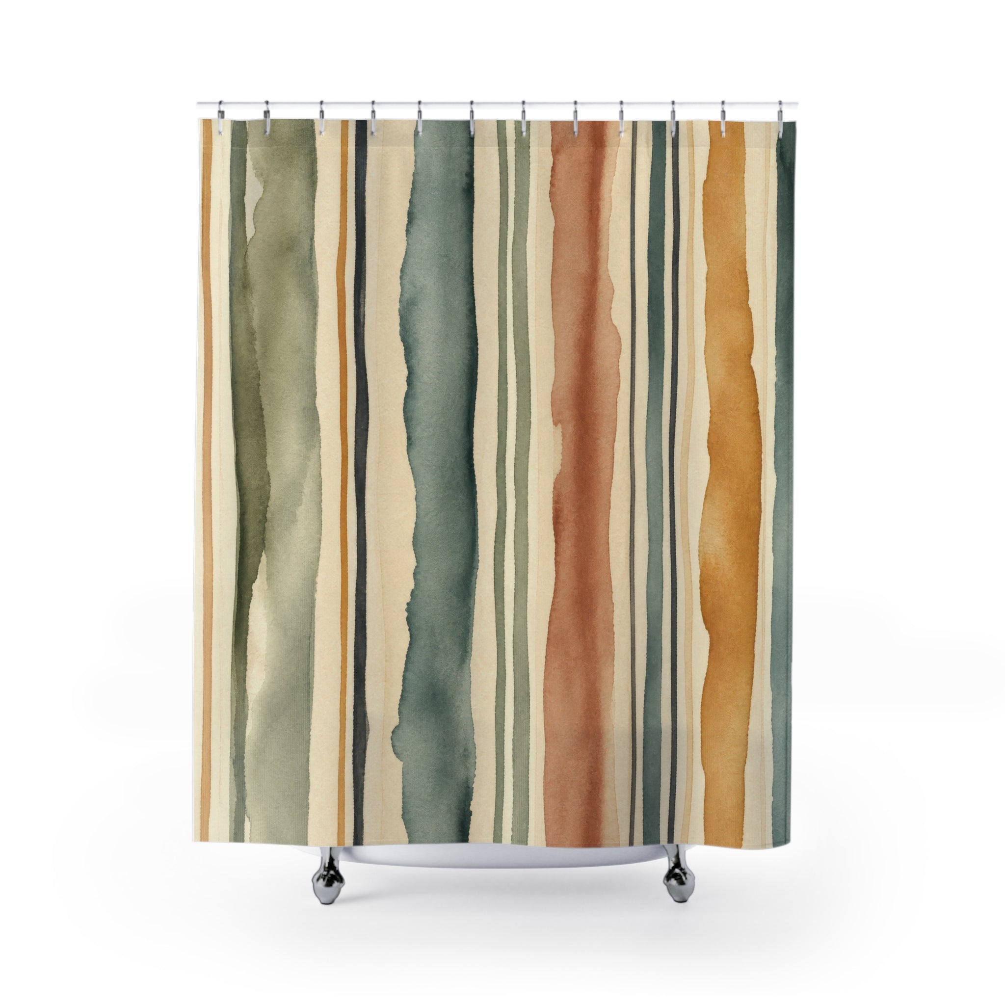 Sage Terracotta Mustard Watercolor Stripe Shower Curtain