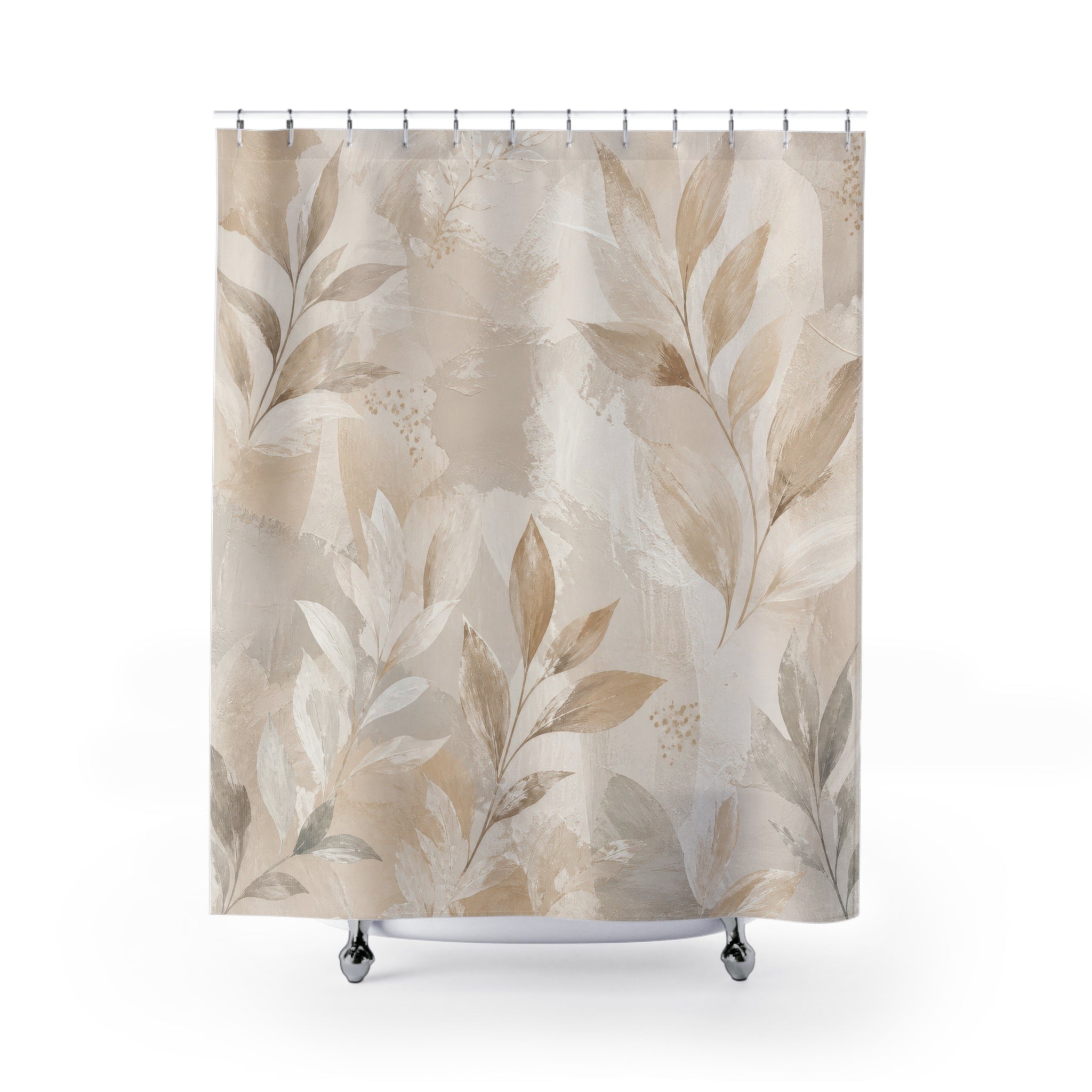 Light Beige Shower Curtain, Painterly Botanical Leaf Bath Decor, Ivory Greige Taupe Pattern, Organic Neutral Guest Bathroom Style Decor