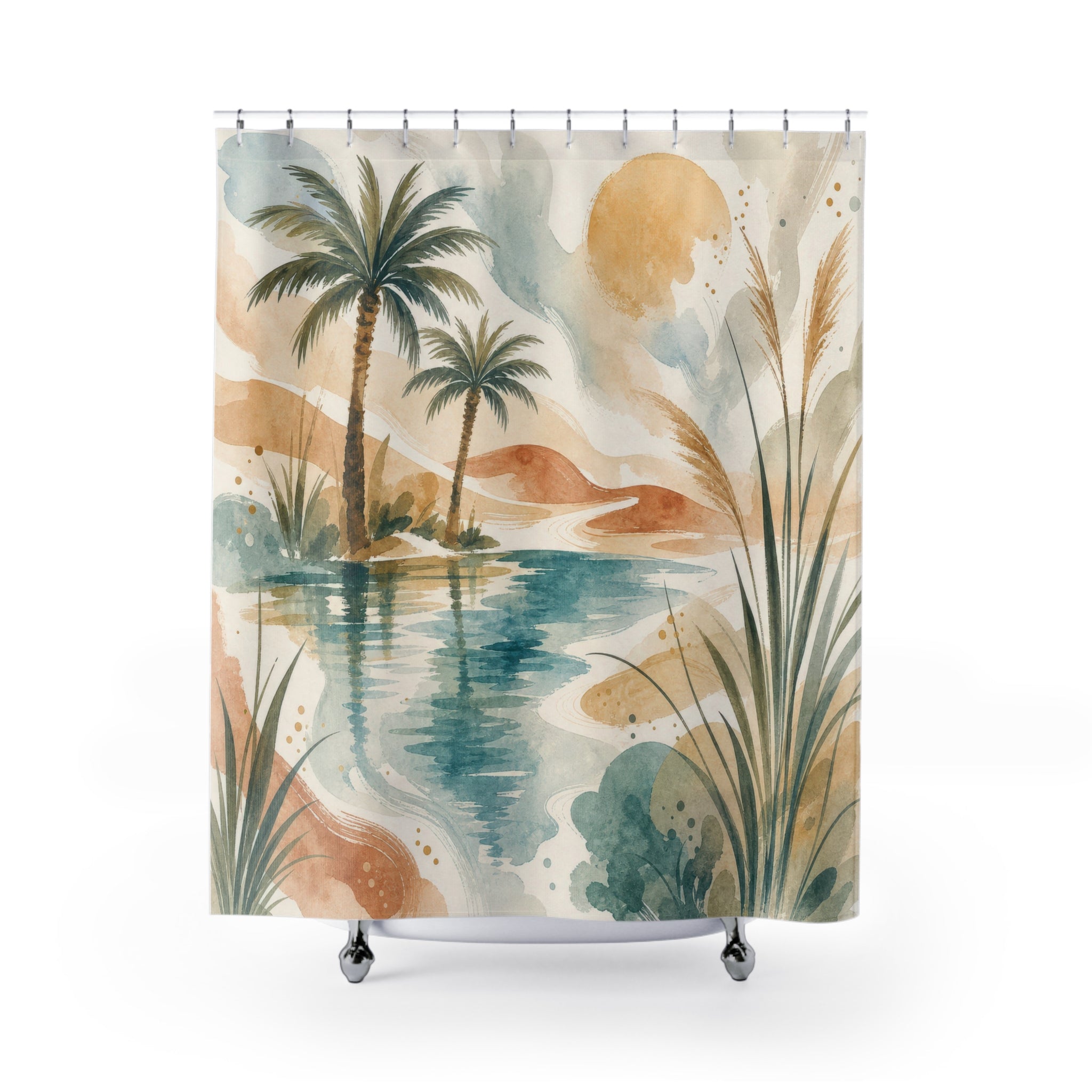 Desert Oasis Tropical Landscape Beige Black Shower Curtain