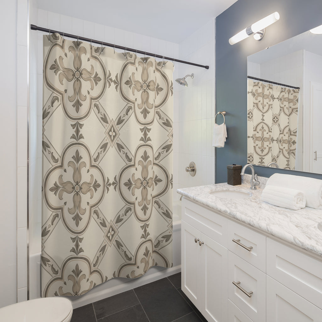Taupe leaf ornaments in ivory quatrefoils with diamond links shower curtain beside a white vanity
