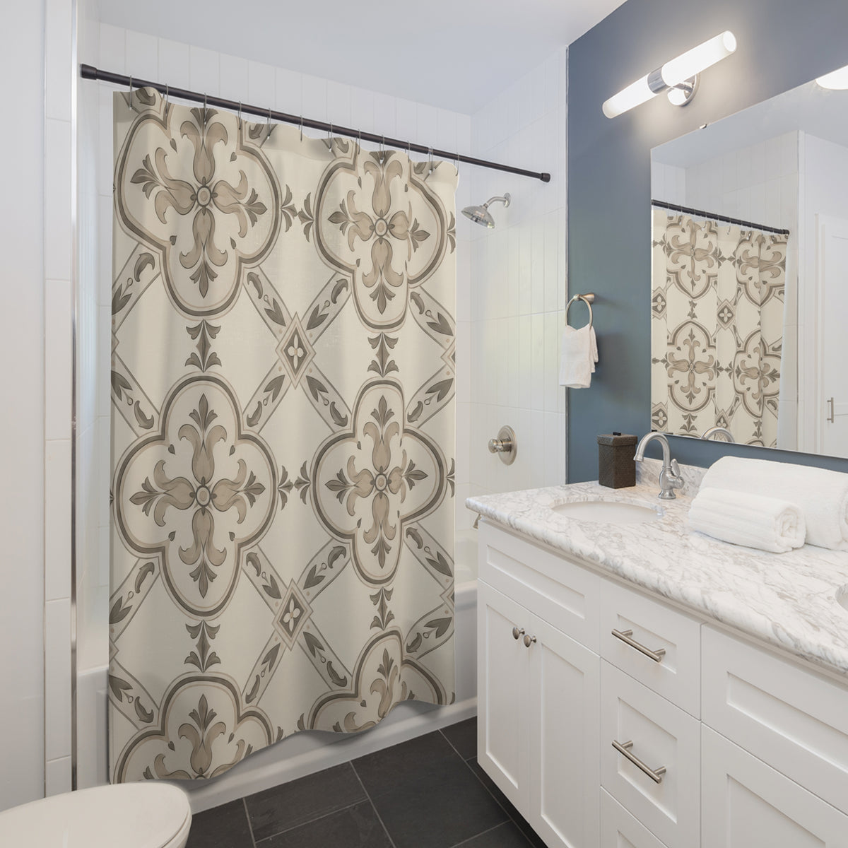 Taupe leaf ornaments in ivory quatrefoils with diamond links shower curtain beside a white vanity