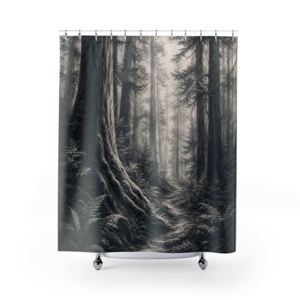 Charcoal Foggy Old Growth Forest Shower Curtain