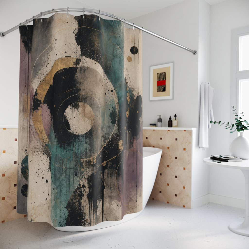 Abstract Shower Curtain, Black Teal Circle Design, Purple Gold Modern Bath Decor, Moody Geometric Guest Bathroom Style, Dark Decor