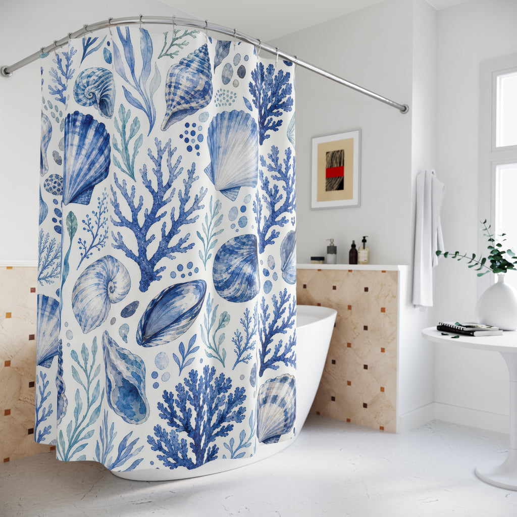 Blue Coastal Shell Shower Curtain, Blue White Coastal Bathroom Decor, Coastal Naturalist Bath Curtain, Guest Bath Decor, Home Decor
