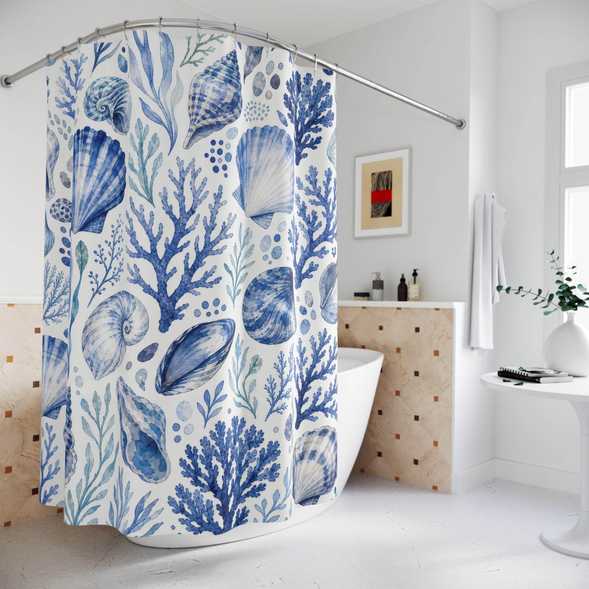 Blue Coastal Shell Shower Curtain, Blue White Coastal Bathroom Decor, Coastal Naturalist Bath Curtain, Guest Bath Decor, Home Decor