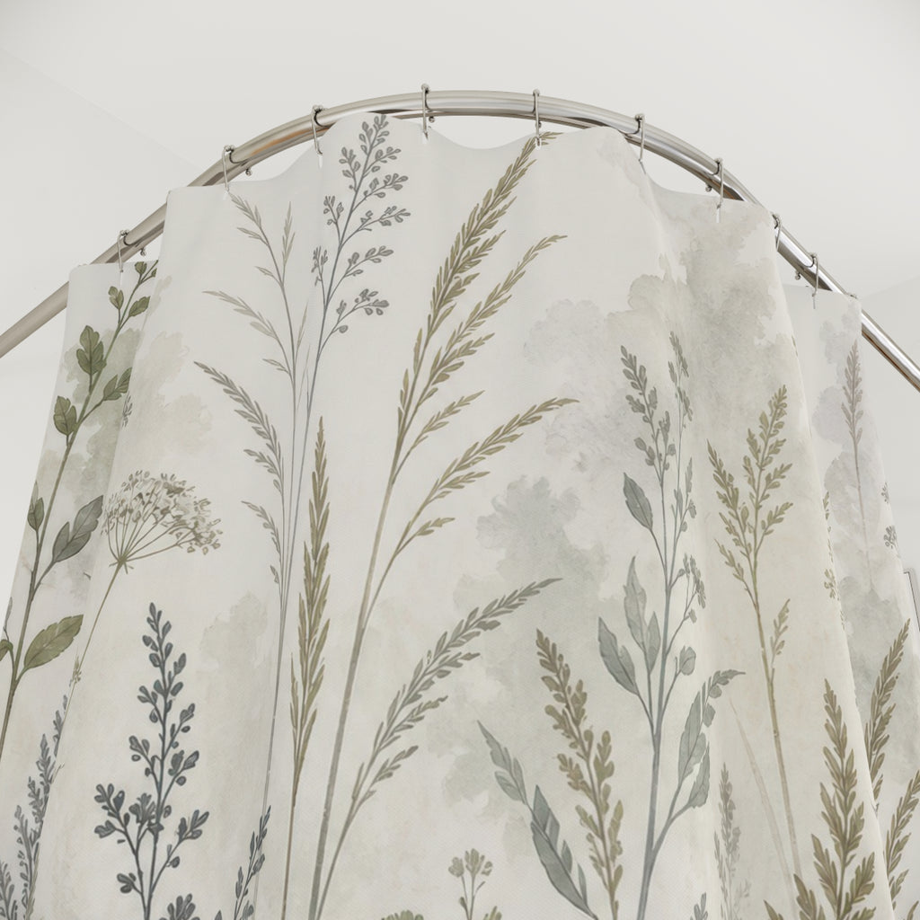 Sage Meadow Shower Curtain, Sage Green Nature Bathroom Decor, Wildflower Botanical Bath Curtain, Guest Bath Decor, Small Bathroom Decor