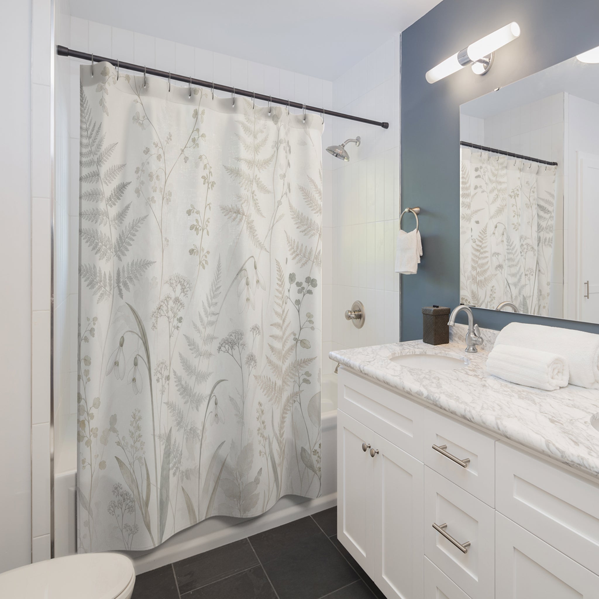 Off White Beige Botanical Line Shower Curtain