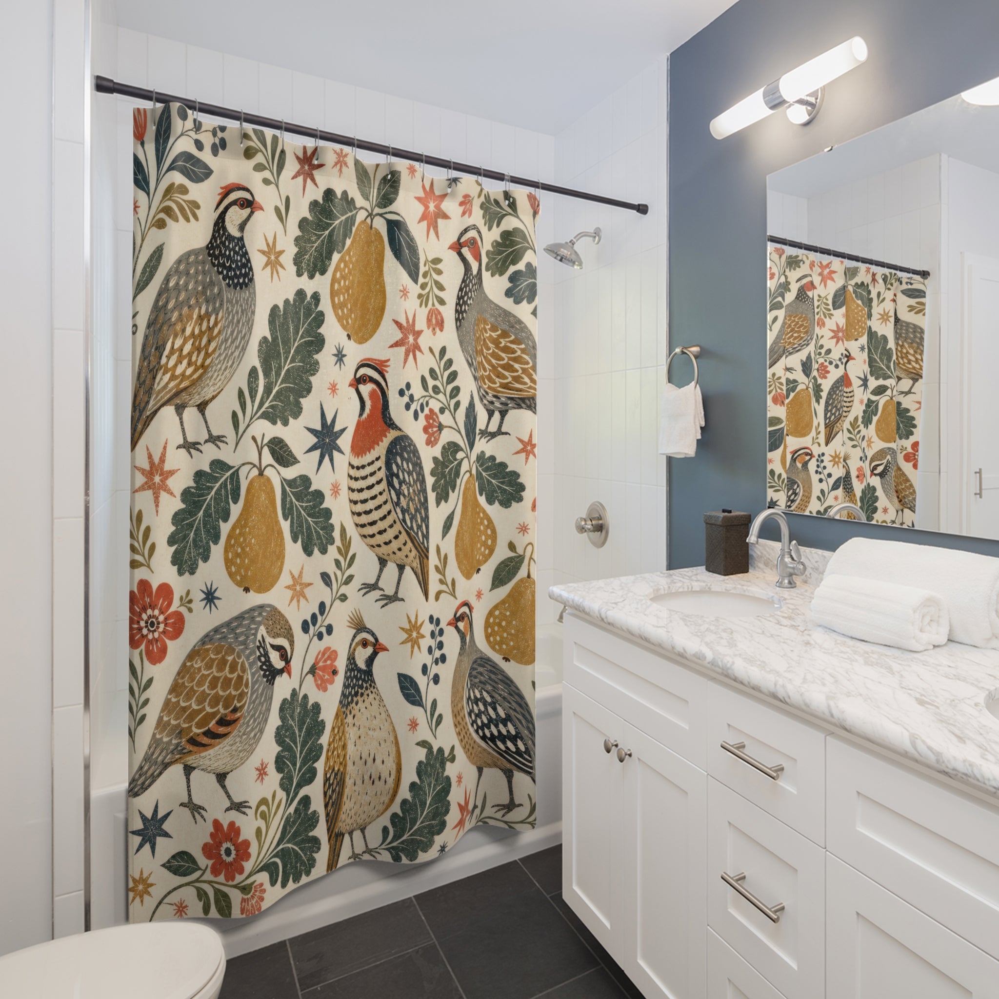 Partridge Christmas Shower Curtain – Folk Art