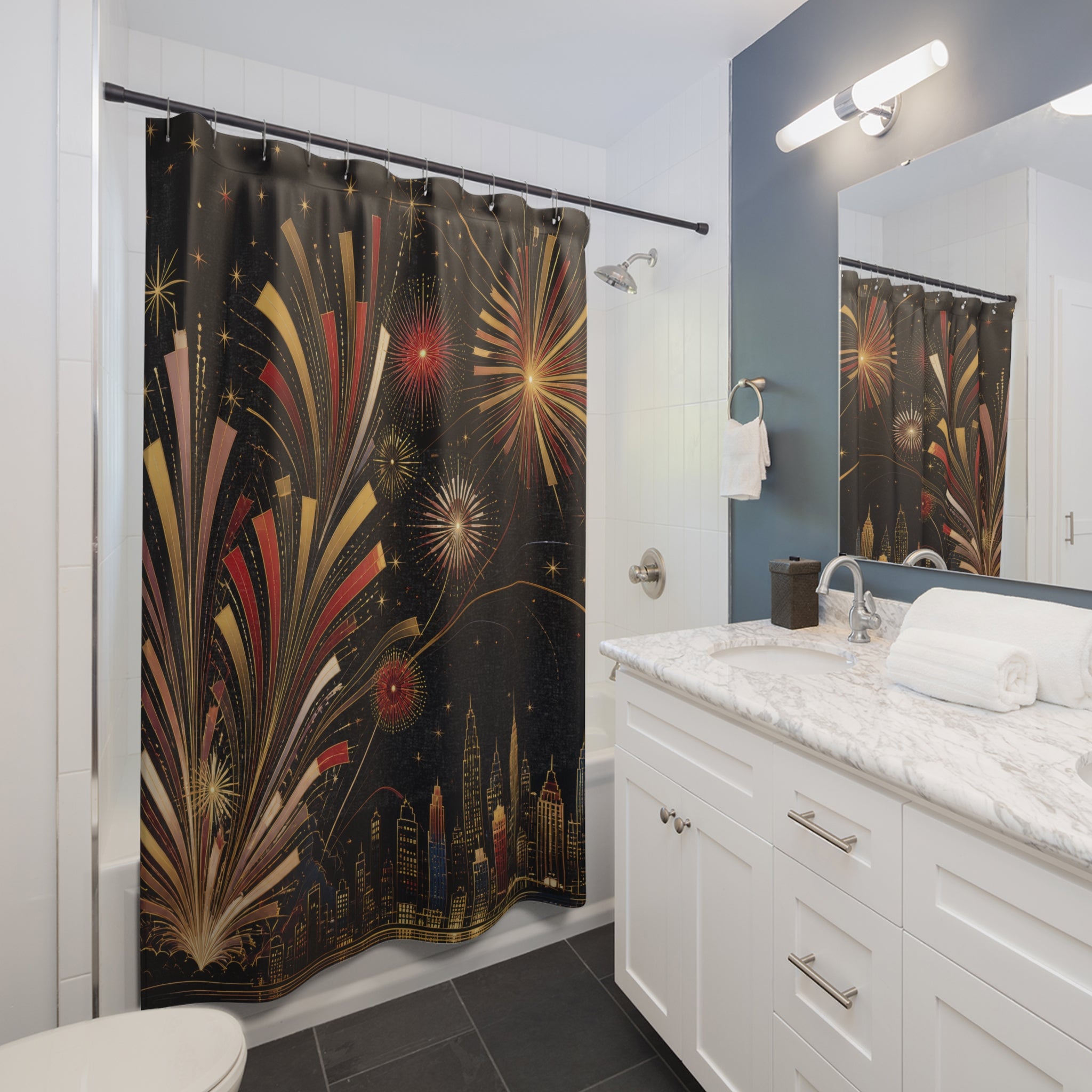 Art Deco New Year Fireworks Shower Curtain