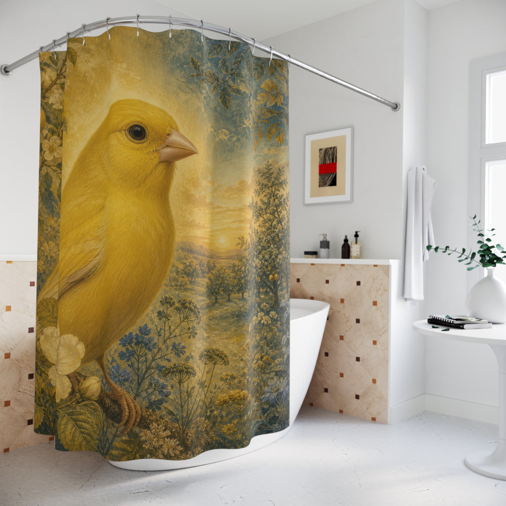 Oversized golden canary in a dusky blue orchard shower curtain beside a freestanding tub