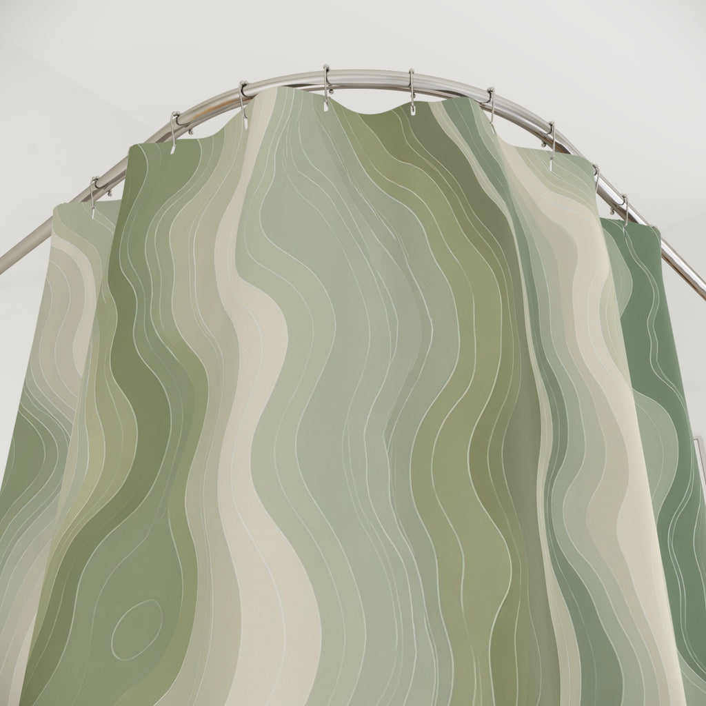 Sage green organic contour line pattern on an ivory ground shower curtain with close-up print, hooks, and folds