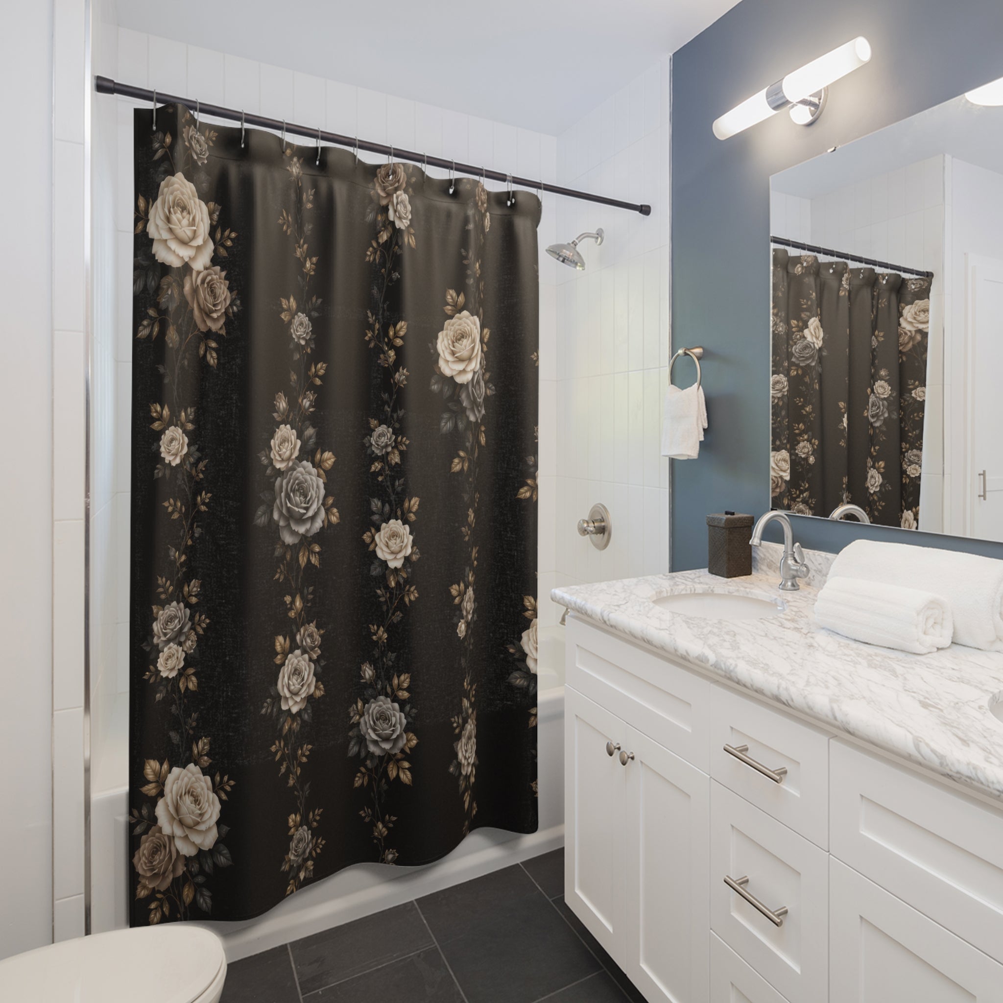 Ivory taupe and grey rose garland columns on deep black shower curtain installed beside a white vanity
