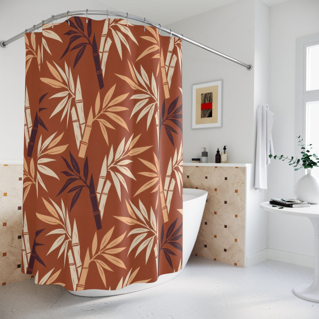 Cream and plum bamboo leaves on terracotta shower curtain beside a freestanding tub
