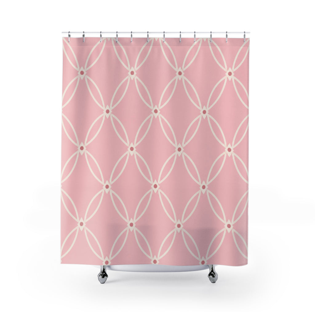 Ivory oval trellis on a light pink ground shower curtain with full front view