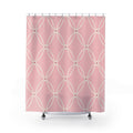 Ivory oval trellis on a light pink ground shower curtain with full front view