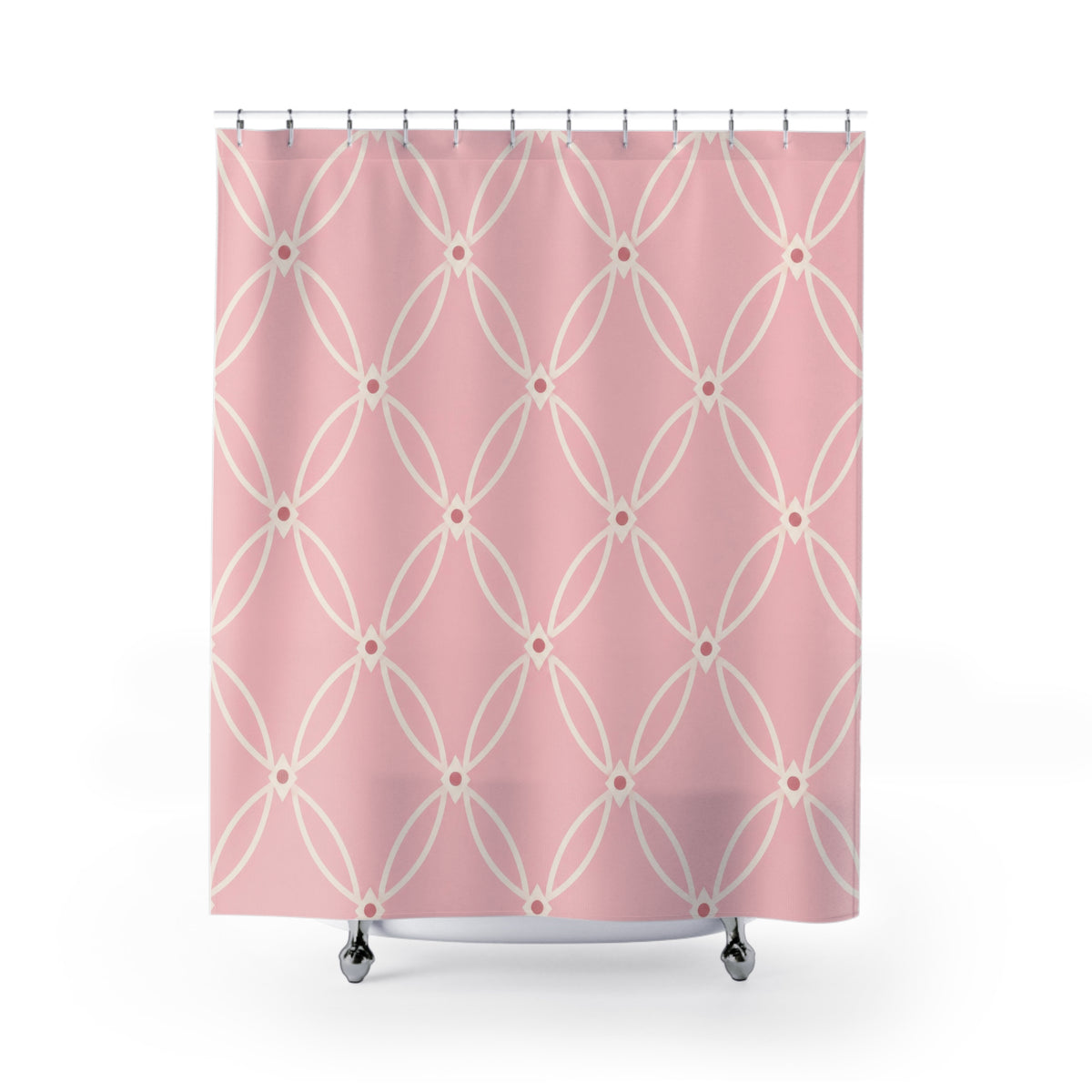 Ivory oval trellis on a light pink ground shower curtain with full front view