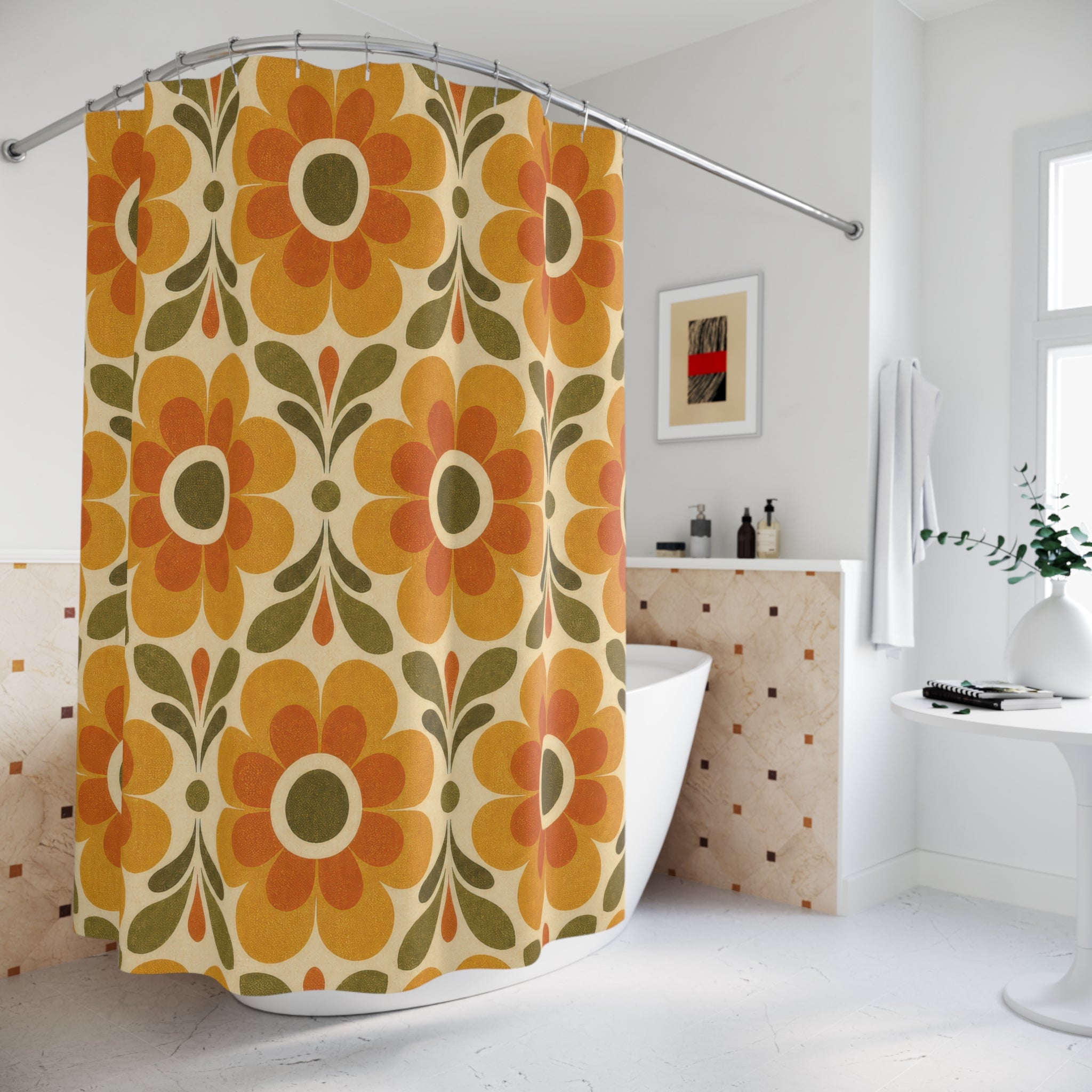 Orange 70s Flower Power Retro Floral Shower Curtain